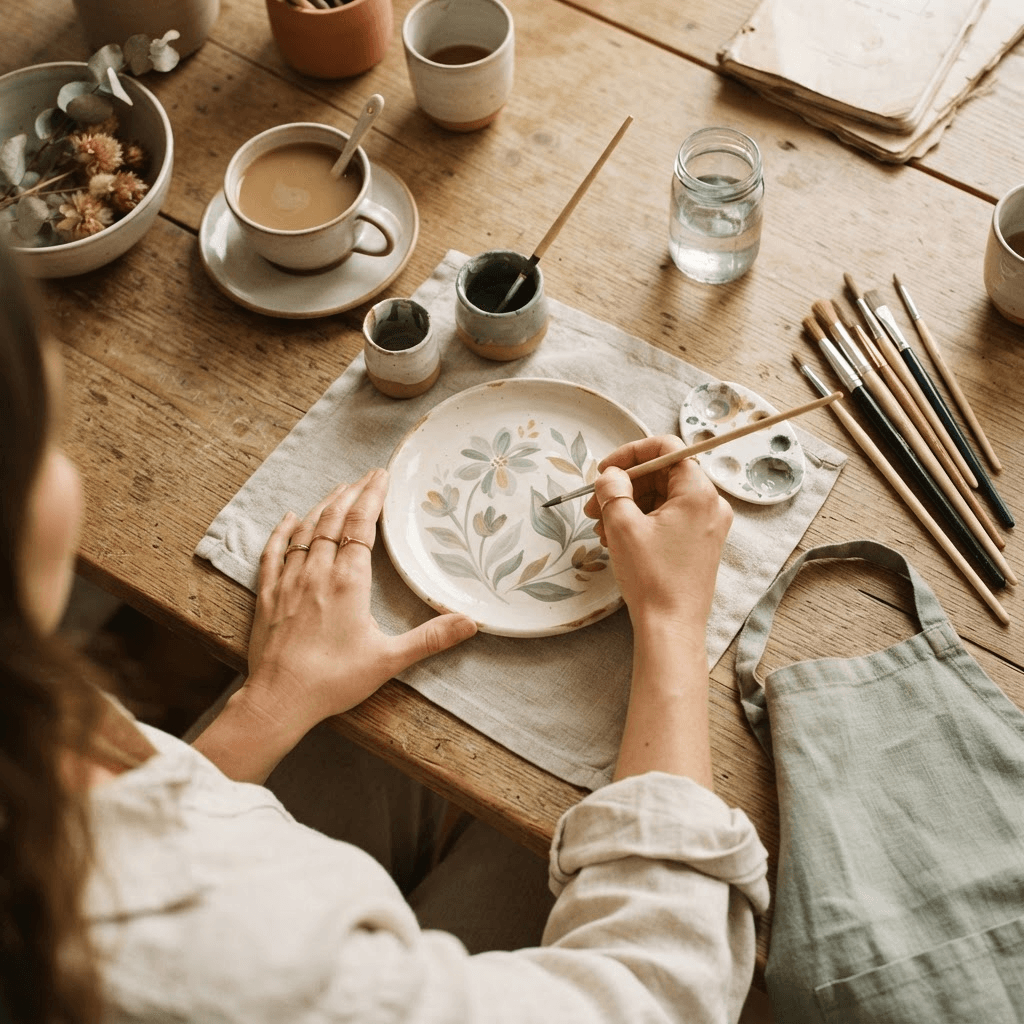 Overhead view of hands painting a ceramic plate