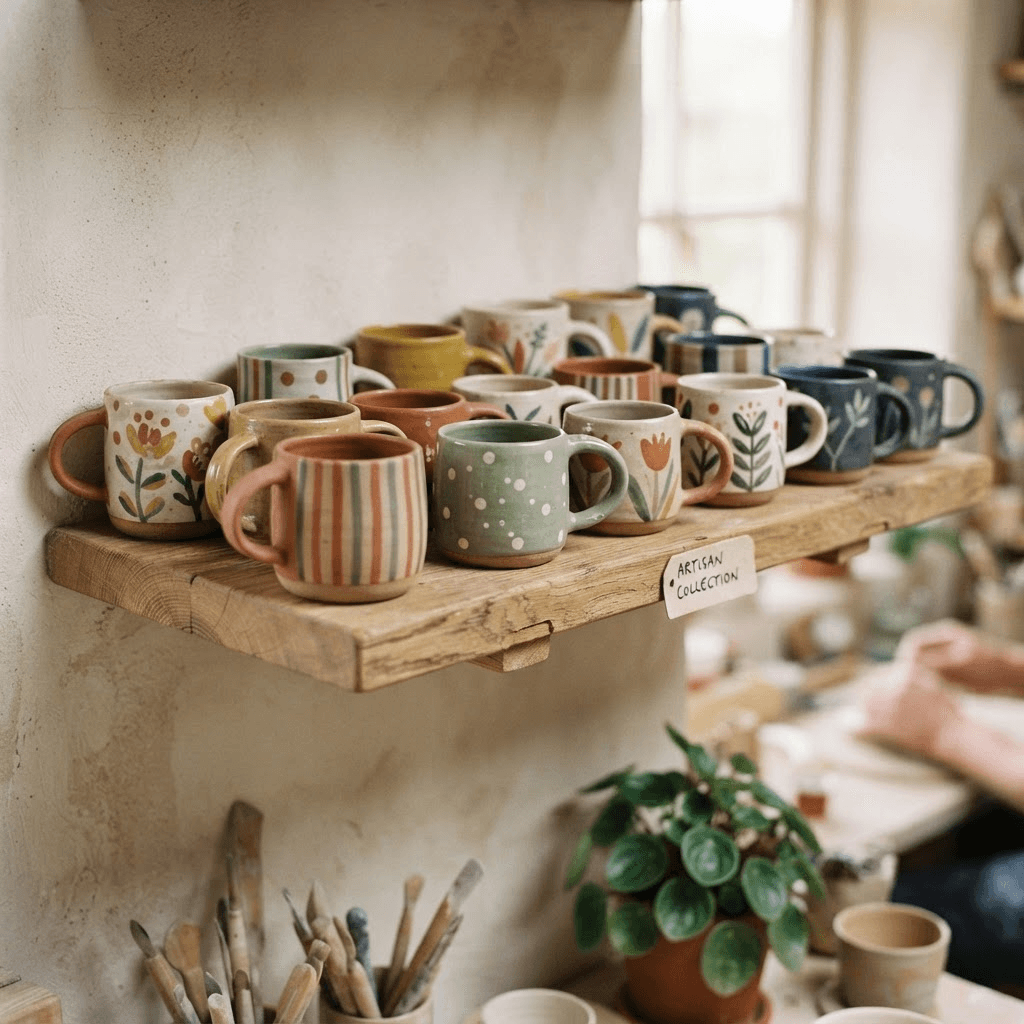 A shelf of finished hand-painted mugs