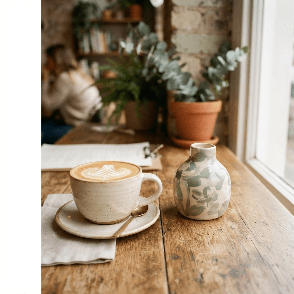 A latte beside a freshly painted ceramic piece