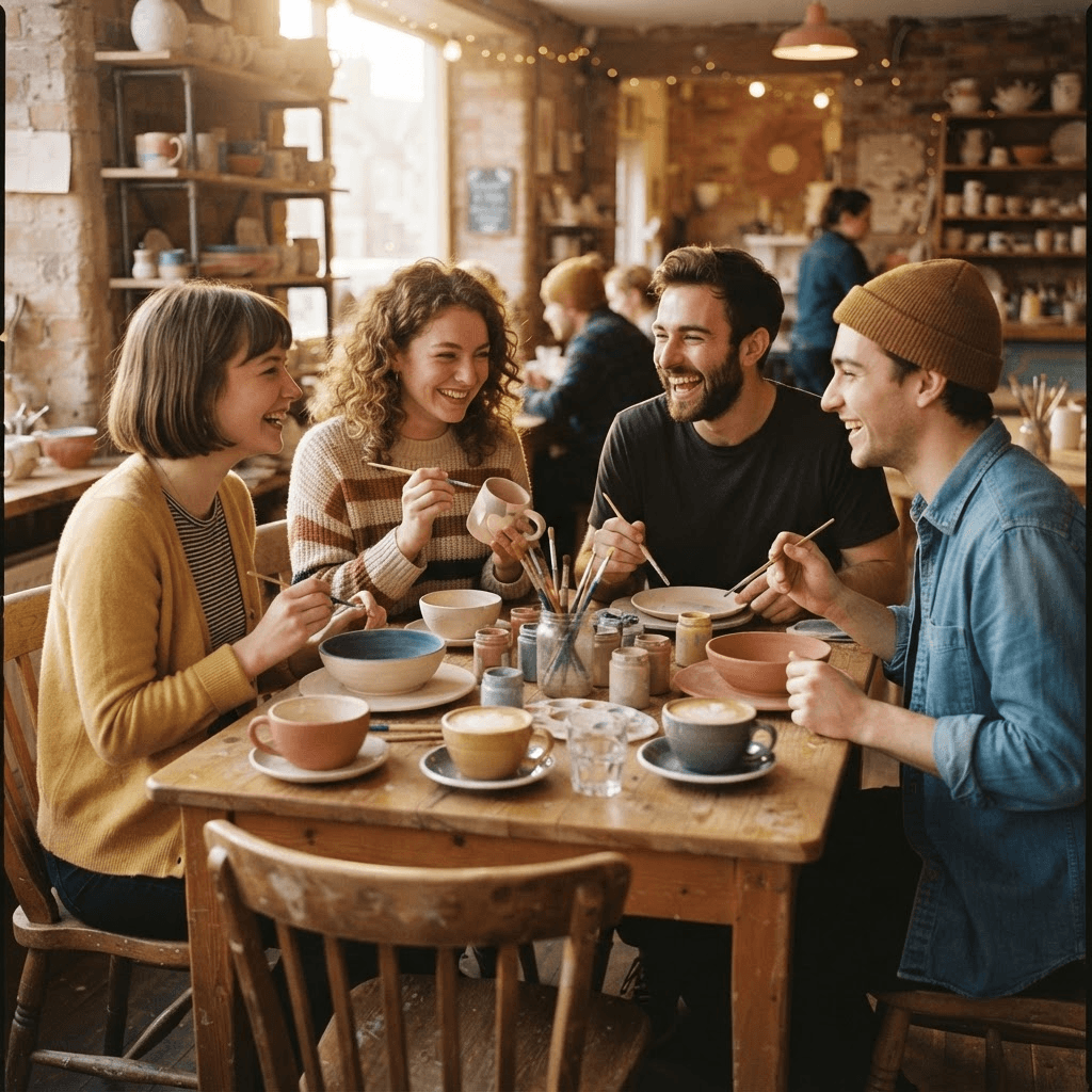 Friends gathered at a pottery painting café