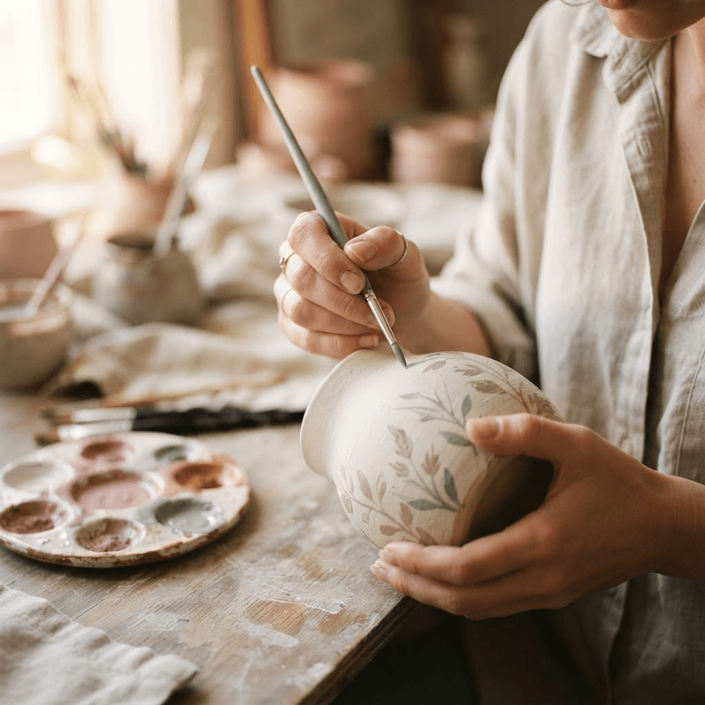 A brush adding detail to a ceramic vase